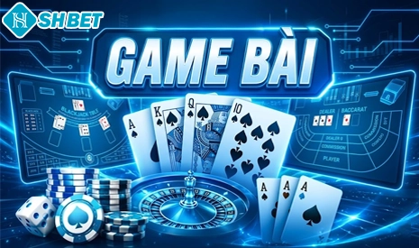 Banner game bài SHBET với hình ảnh bài poker, chip casino và giao diện cược trực tuyến hiện đại, mang đến trải nghiệm giải trí đổi thưởng hấp dẫn cho người chơi.