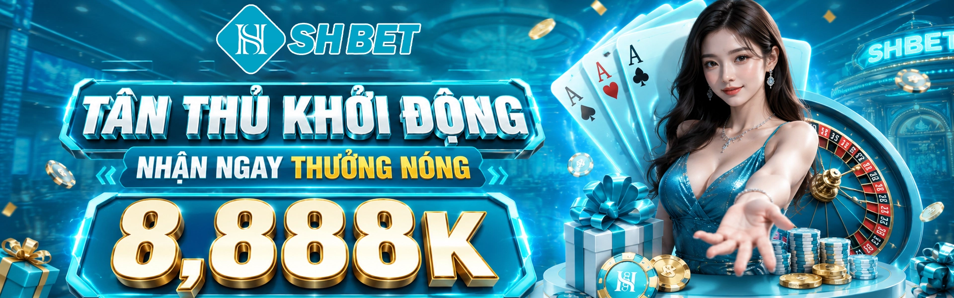Banner khuyến mãi tân thủ SHBET với ưu đãi nhận thưởng nóng 8,888K, hình ảnh casino trực tuyến hiện đại và chương trình chào mừng hấp dẫn dành cho người chơi mới.