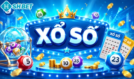 Banner xổ số SHBET với giao diện hiện đại, hiển thị vé số, bóng số may mắn và chương trình giải trí đổi thưởng trực tuyến hấp dẫn dành cho người chơi.